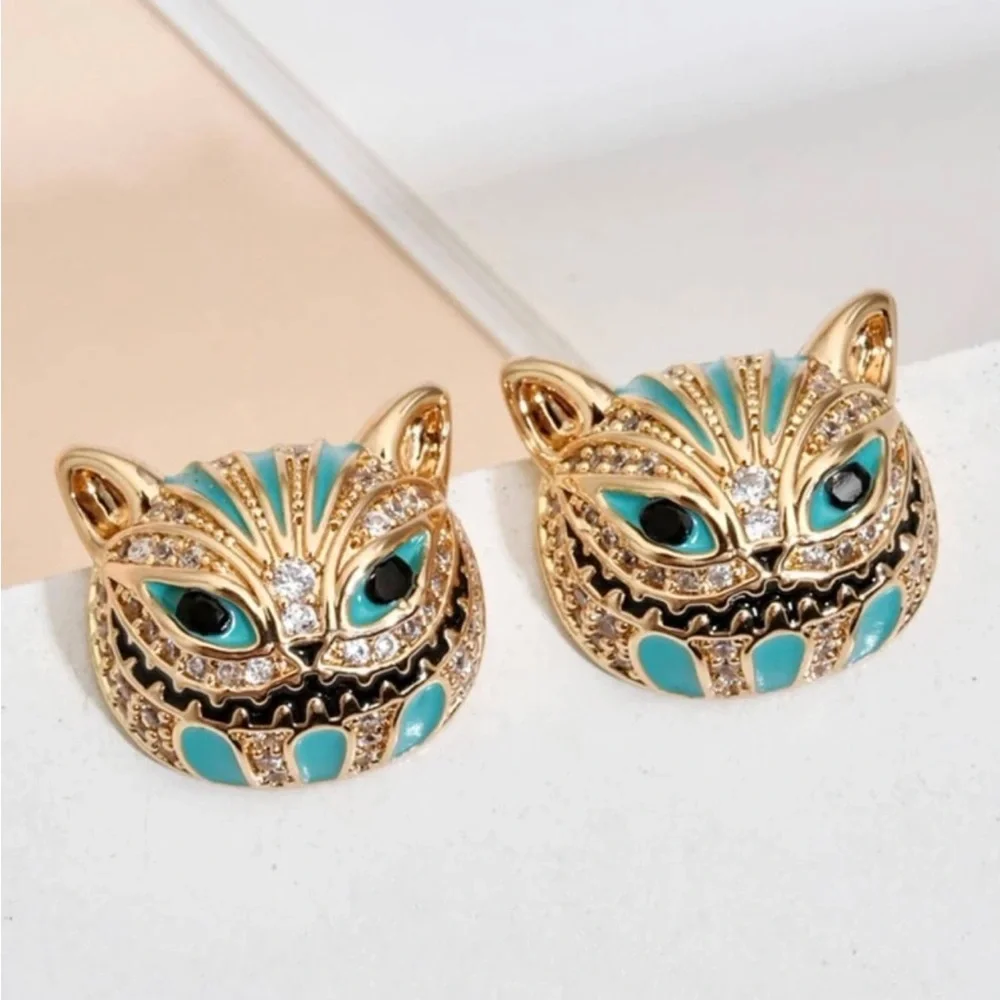 “Cheshire Cat” Alice in Wonderland Toothy Grin Green Striped Steel Fantasy Studs